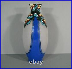 Verrerie De Leune Vase Art Déco Années 1930 Verre Peint Émaillé Signé Leune